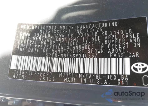 2025 Toyota Corolla Le из США, поврежденный, VIN 5YFB4MDE4SP310557